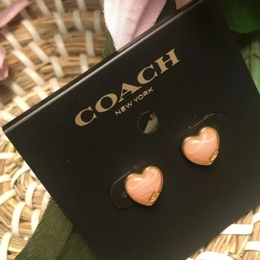 Coach Rose Gold Heart Stud Earrings Logo Designer Jewelry NWT - Picture 3 of 7